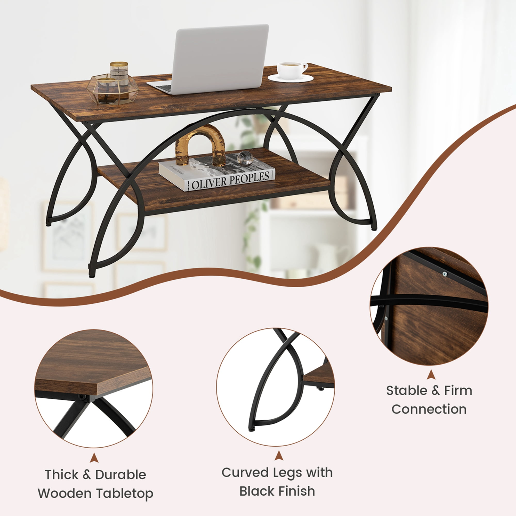 Costway 2-Tier Industrial Coffee Table Rectangular Cocktail Table with Storage Shelf Rustic Brown