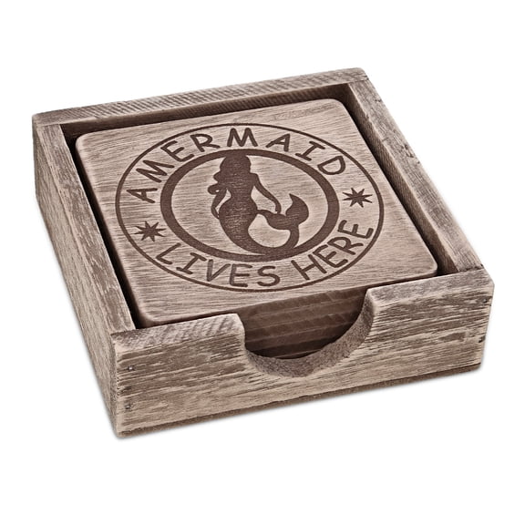 Cota Global Driftwood Mermaid Coaster Set of 6 - Coastal Handmade Design with Holder