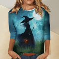 thumbnail image 1 of YLHFASHION 2025 T-Shirts d'Halloween pour Femmes Manches 3/4 T-Shirts Graphiques de Sorcière Hauts de Festival Col Rond Haut Soldes Aujourd'hui Liquidation T-shirt à Manches Longues pour Femmes, 1 of 5