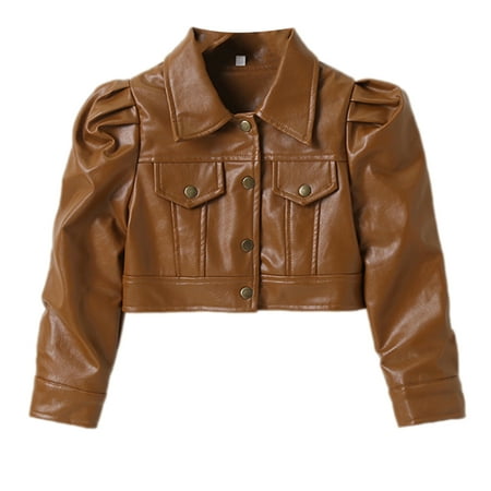 

Toddler Girl PU Leather Jackets Long Sleeve Lapel with Pockets Crop Tops Single-Breasted Outerwear