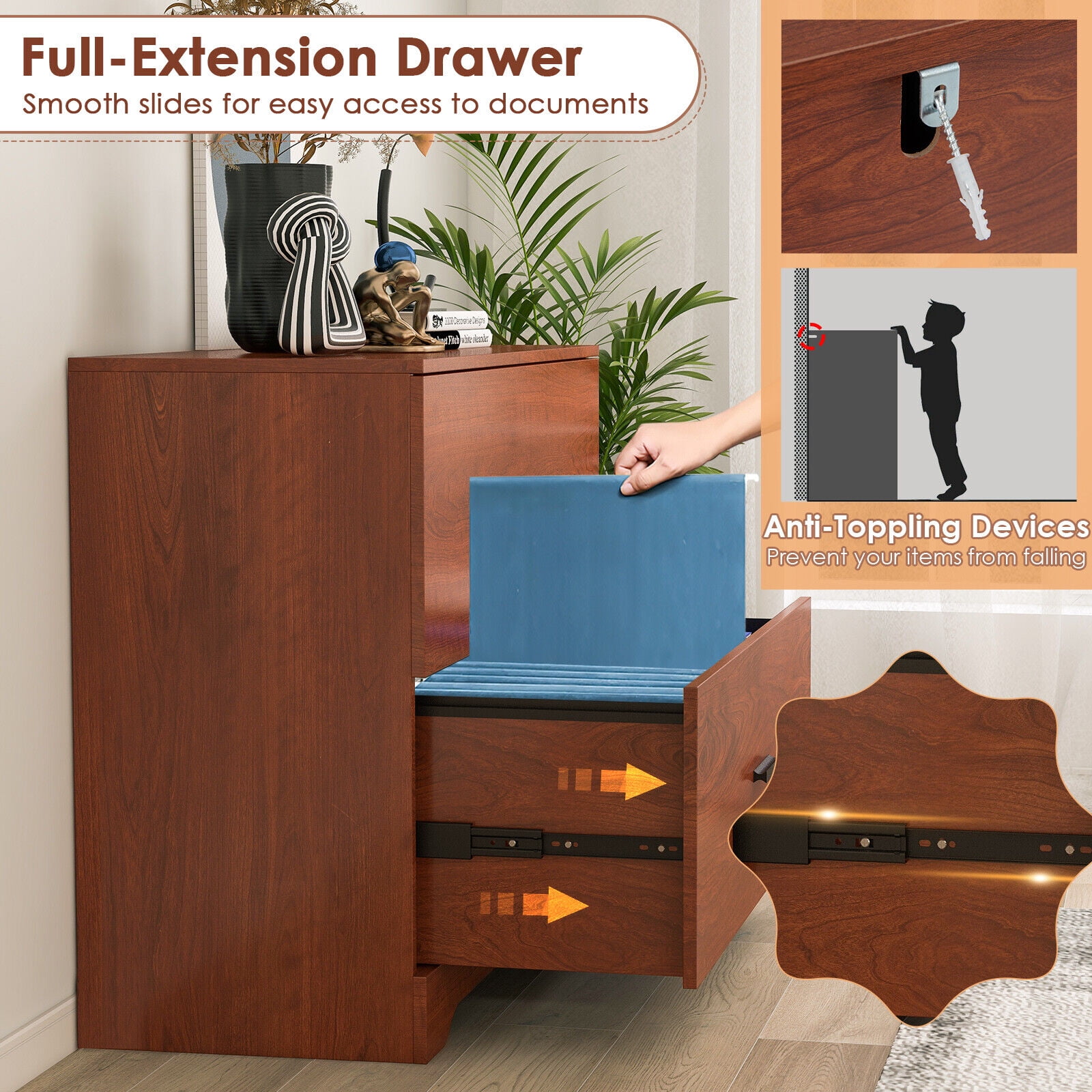 Amijoy 2-Drawer Wood Lateral File Cabinet w/ Adjustable Bars for Home Office Walnut