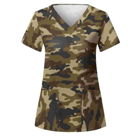 

Gallickan Womens Scrub Tops Printed Womens Short Sleeve V-Neck Amouflage Print Workwear Tops With Pockets Blouse Sales Promotion!