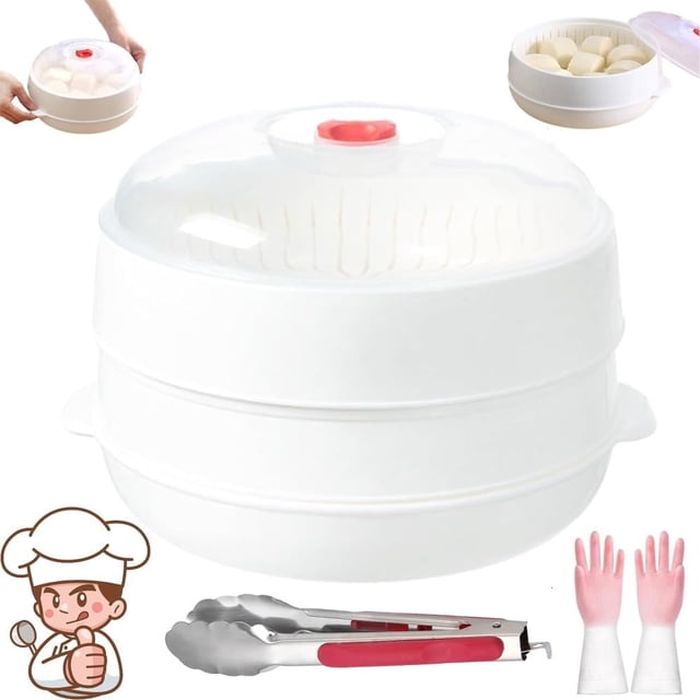 Microwave Oven Steamer, Microwave Vegetable Steamer with Lid and Tray, Multifunctional Microwaves Steamers Basket Layered Water Storage Design, Kitchen Cooking Steamers for Cooking Dumplings