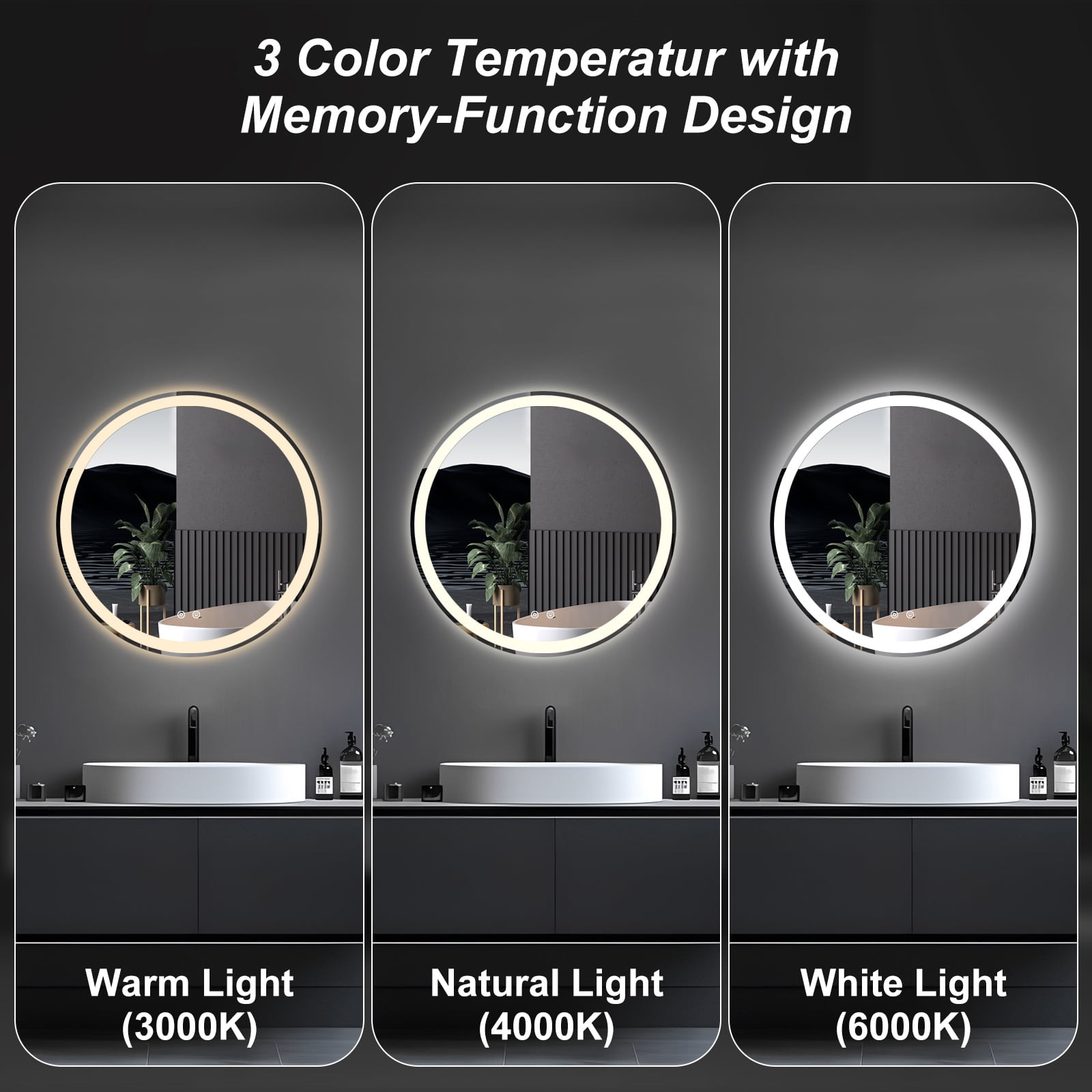 CONCETTA 30-Inch Anti-Fog Led Bathroom Mirror, Dual Light Sources, Three Lighting Modes, White