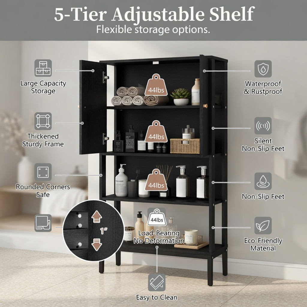 Hommoo Over the Toilet Storage Cabinet with Adjustable Shelf, 2-Door Bathroom Organizer, Black