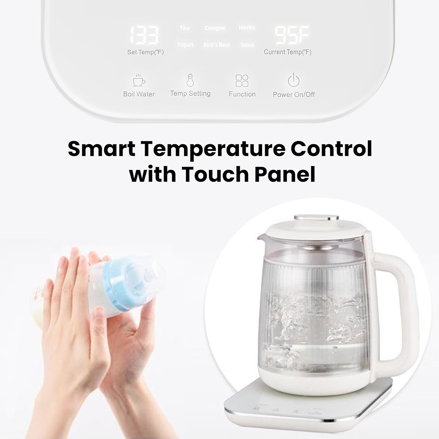 Double-Layer Electric Kettle 1.5L with Stew Pot, 9-in-1 Glass Tea Maker, Programmable Touch Panel, Stainless Steel Base for Soup Porridge Herbal Tea, White