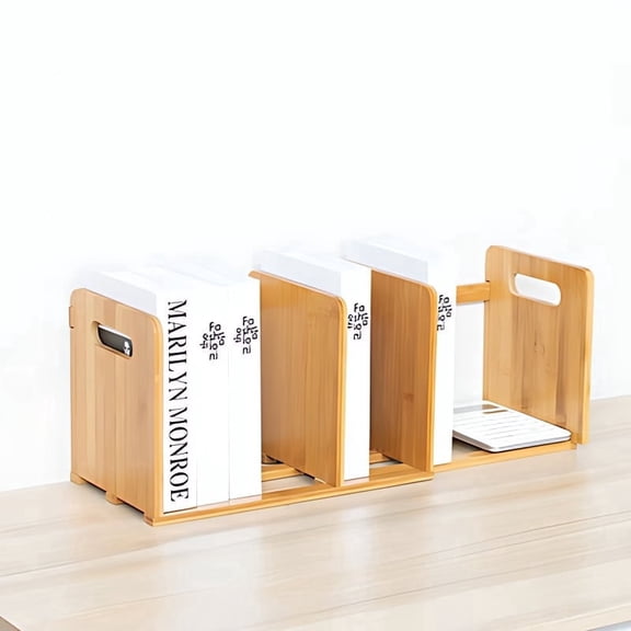 Expandable Bamboo Desktop Bookshelf, Small Wood Display Shelf & Desk Organizer Rack