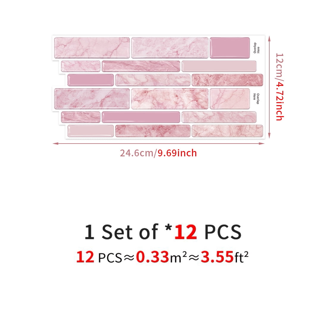 12Piece Pink Marbling 3D Tiles Stickers 4.72 x 9.68inch DIY Decor Wall Decals Self Adhesive Waterproof Peel and Stick Kitchen Backsplash