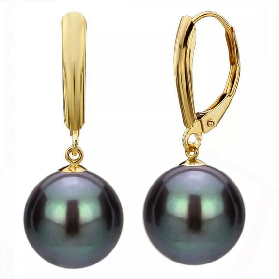 K-KED Beauty AAA  Black 10mm South Sea Shell Pearl Round Gold Dangle Earrings