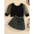 thumbnail image 3 of Seyurigaoka 2Pcs Baby Girls Skirt Set Printed Long Mesh Puff Sleeve Shirts Crew Neck Crop Tops Ripped Buttons Short Denim Skirts for 3M-3Y Kids, 3 of 9
