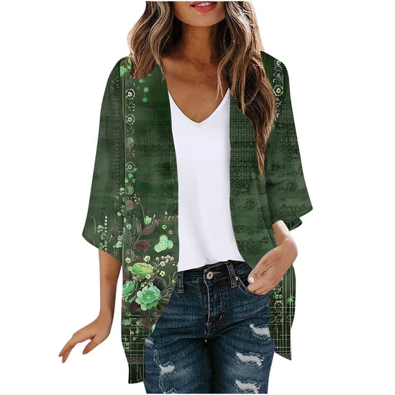 Cmfcve Chiffon Kimono Cardigans for Women Floral Print Puff Sleeve Blouses Flowy Loose Casual Cover Up Tops