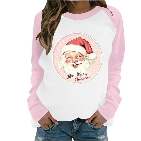 Hueook Christmas Shirts for Women Tshirts Shirts Women's Casual Christmas Printed Long-sleeved Round-neck Raglan Sweater Pink 5X