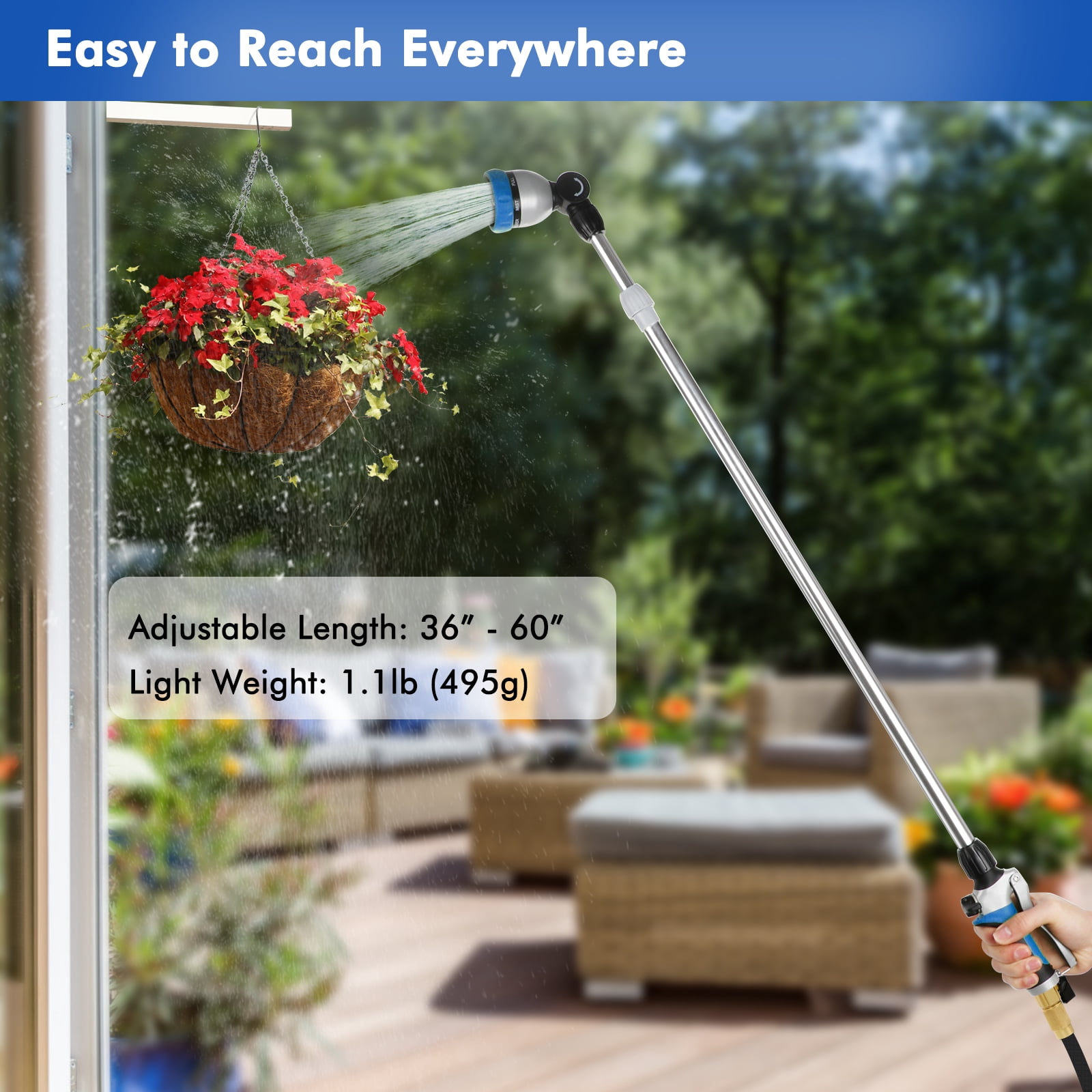 Restmo Telescopic Metal Watering Wand, 36-60 Inch Long Adjustable Tube with 180° Ratcheting Head, 7 Spray Patterns and Flow Control | Garden Hose Sprayer for Hanging Baskets, Shrubs, Lawn, Blue
