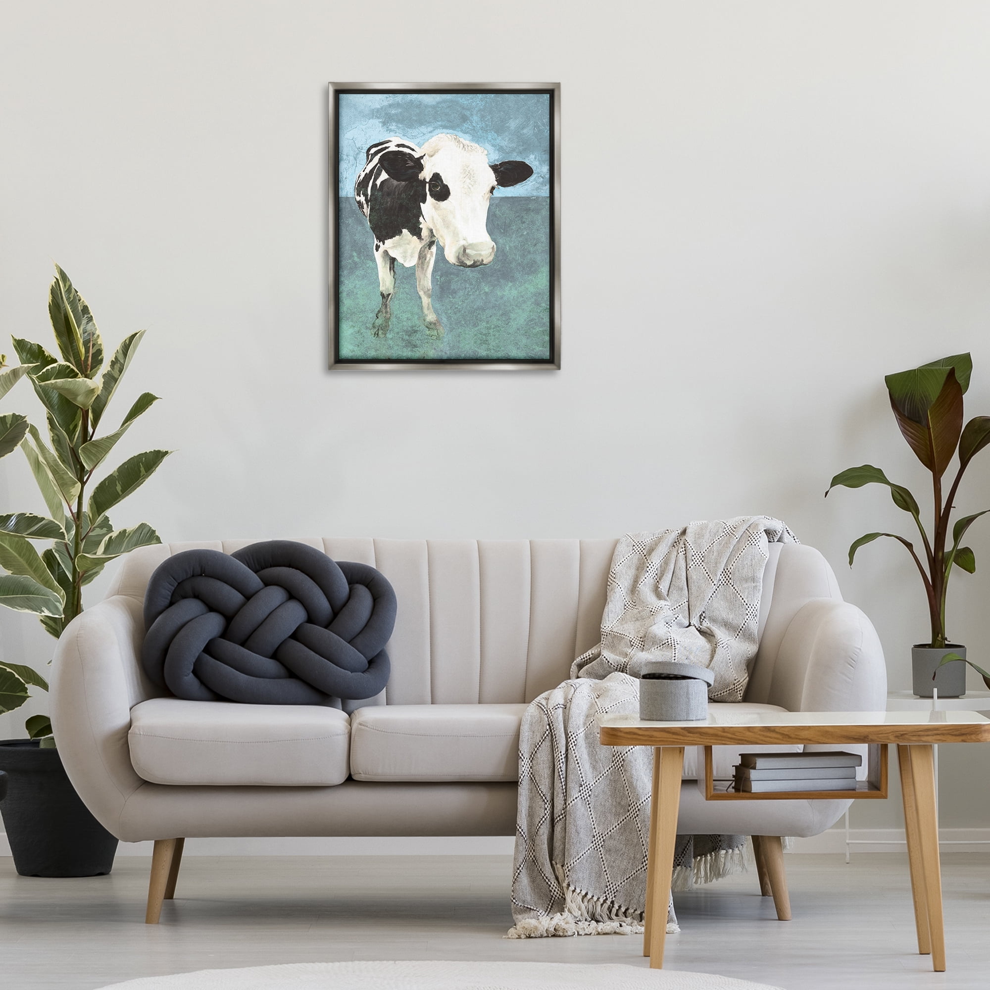 Stupell Industries Simple Farmhouse Cow Animals & Insects Painting Gray Floater Framed Canvas Art Print Wall Art, 25 x 31