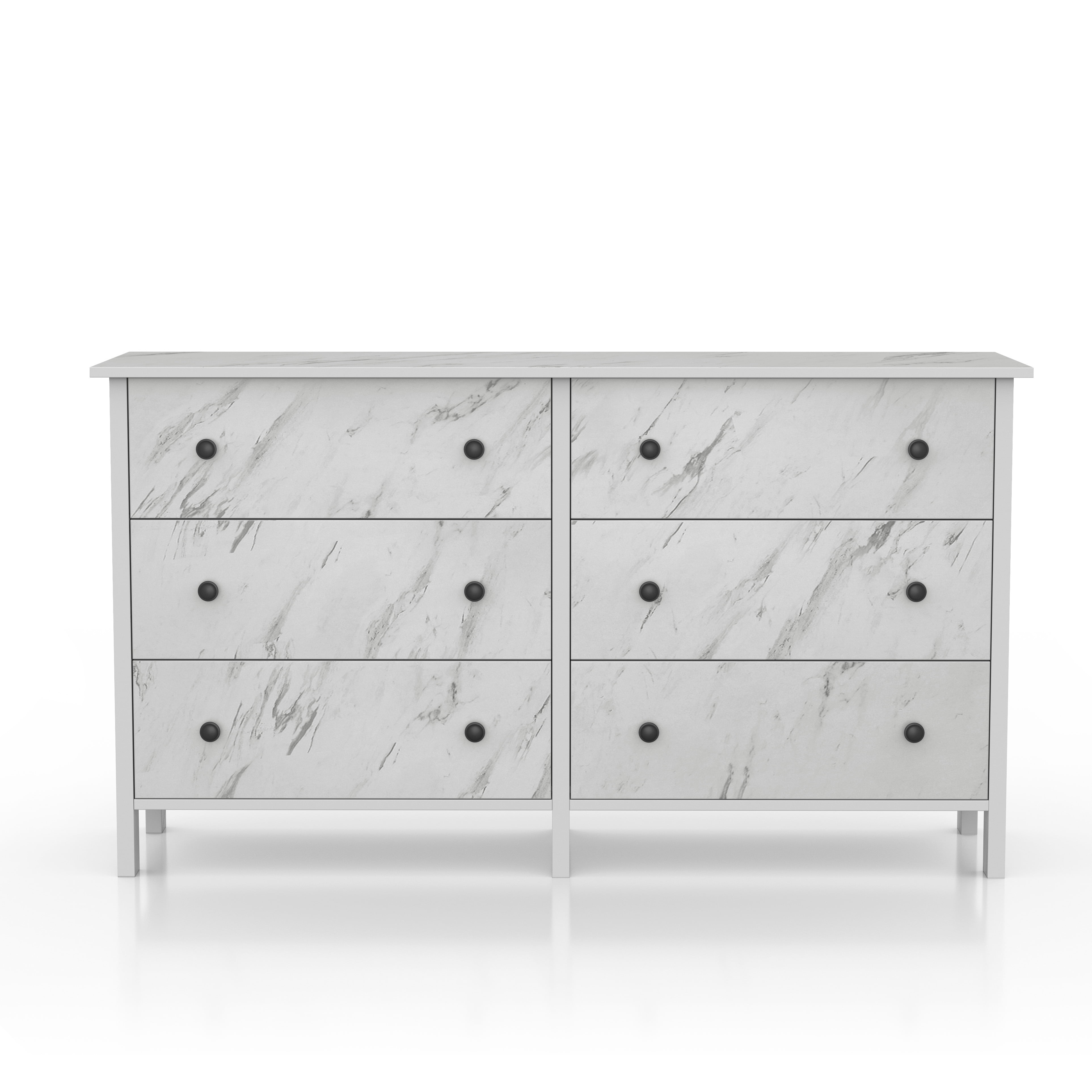 Dora Indoor 6-Drawer Wood White Marble Dresser for Bedroom