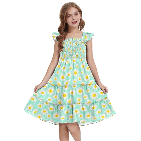 Actgleam Girls Dress Floral Ruffle Square Neck Sleeveless A-Line Sundress with Tie Back for Summer Beach Party,Green Floral,7-8Y
