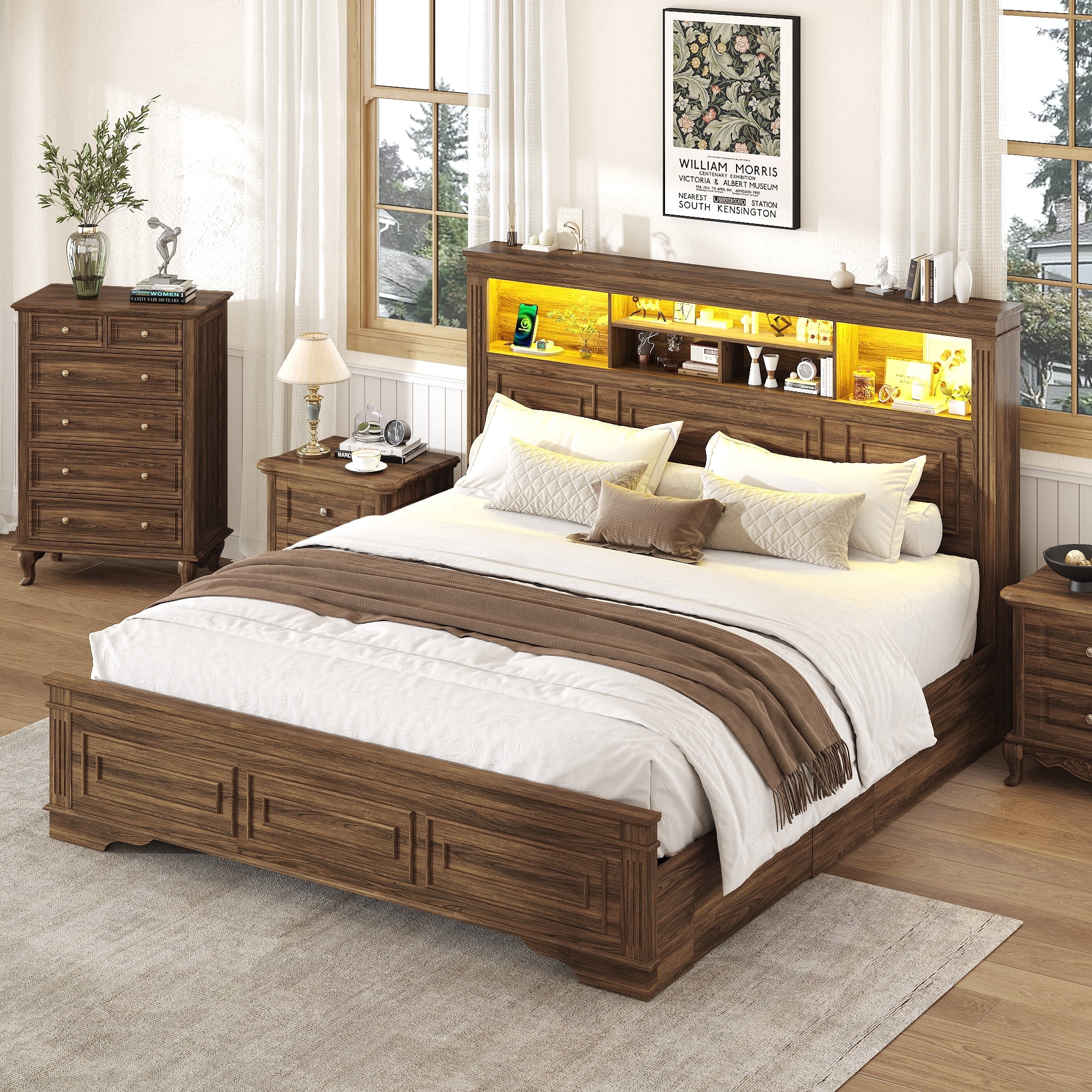 ANPOO Farmhouse King Size Bed Frame with 51" Tall Headboard & 4 Drawers, King Bed Frame and Headboard with LED Lights & Charging Ports, No Box Spring Needed, Wooden, Rustic Brown