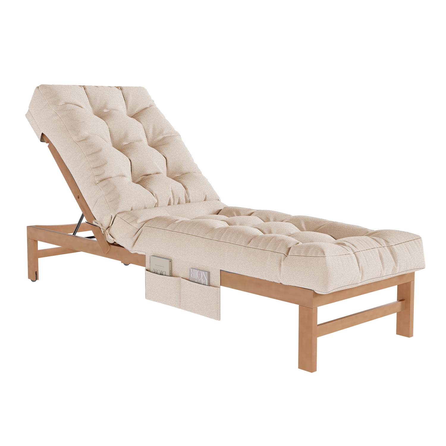 BaPiPro Beige Outdoor Chaise Lounge Cushion with Side Pocket, Triple Non-Slip Fixation, All-Weather Durable & Soft Fabric, Thickened Padding, Ideal for Patio and Poolside Use