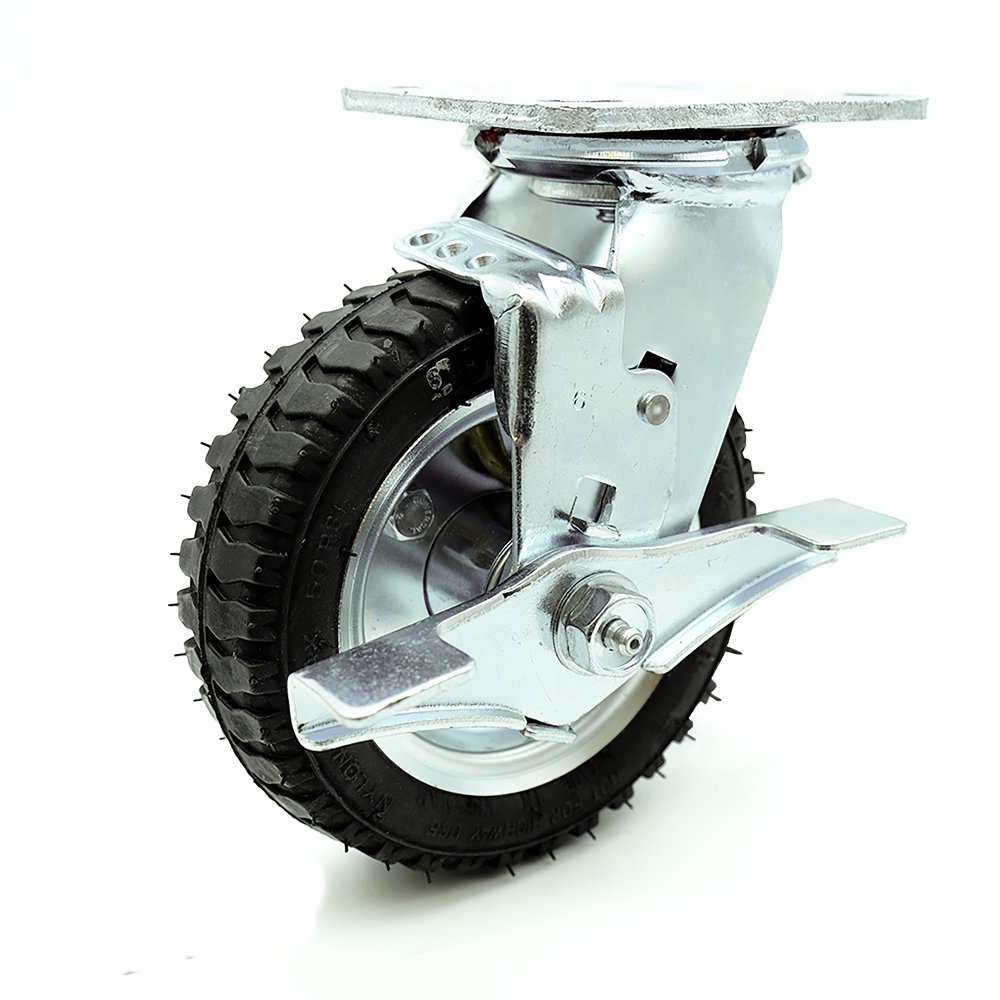 6" Pneumatic Swivel Caster with Brake Black Rubber Wheel 250 lbs