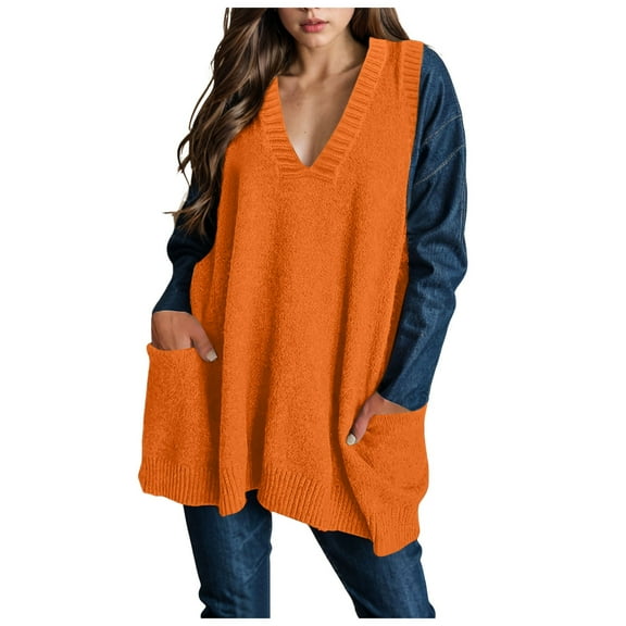 GEWSEY Women's Plus Size Sweater Vest V Neck Sleeveless Loose Fit Knit Pullover Tank Tops with Pockets (Orange, L)