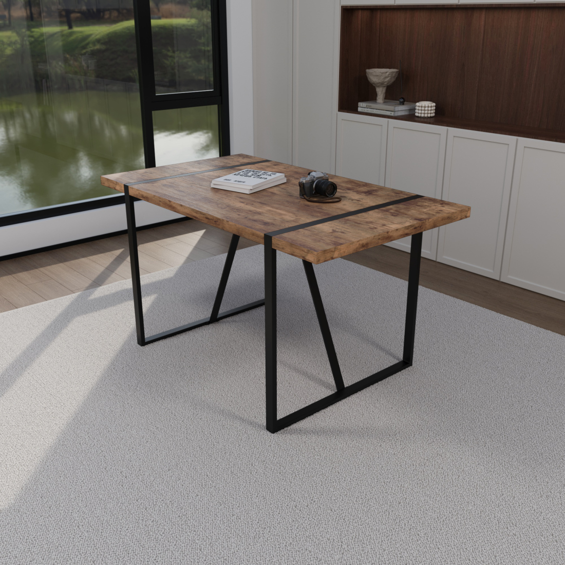 Modern Farmhouse Industrial Dining Table with 1.5" Thick Durable Dark Wood MDF Top & Black Steel Legs - Seats 4-6, Easy-Clean Surface for Compact Home Kitchens