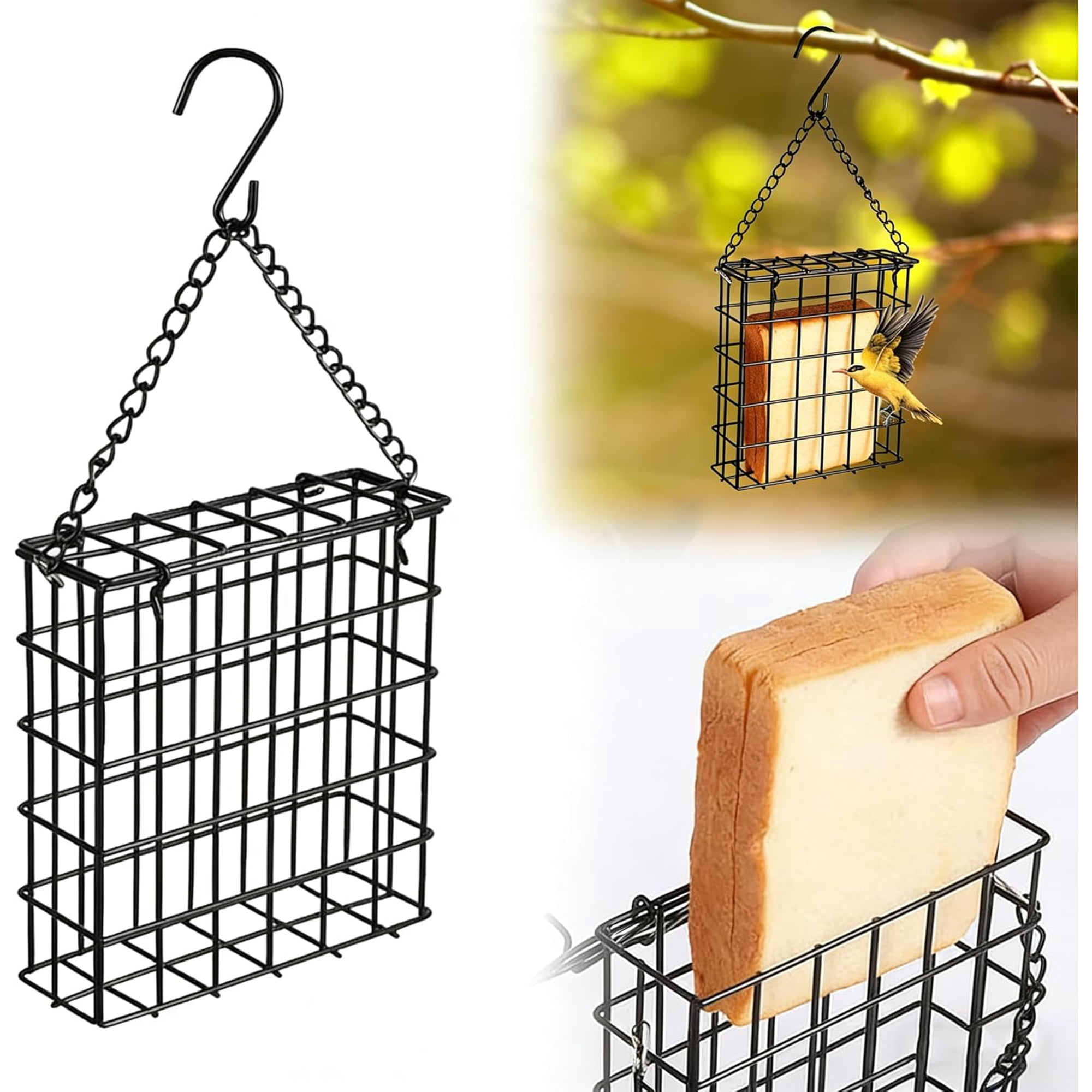 Metal Suet Bird Feeder with Chain Hook, Rectangular Hanging Nesting Material Holder for Outdoor Garden, 5.2x5x1.6 Inch Rustproof Cage for Woodpeckers, Wild Bird Watching Accessory(wwx)
