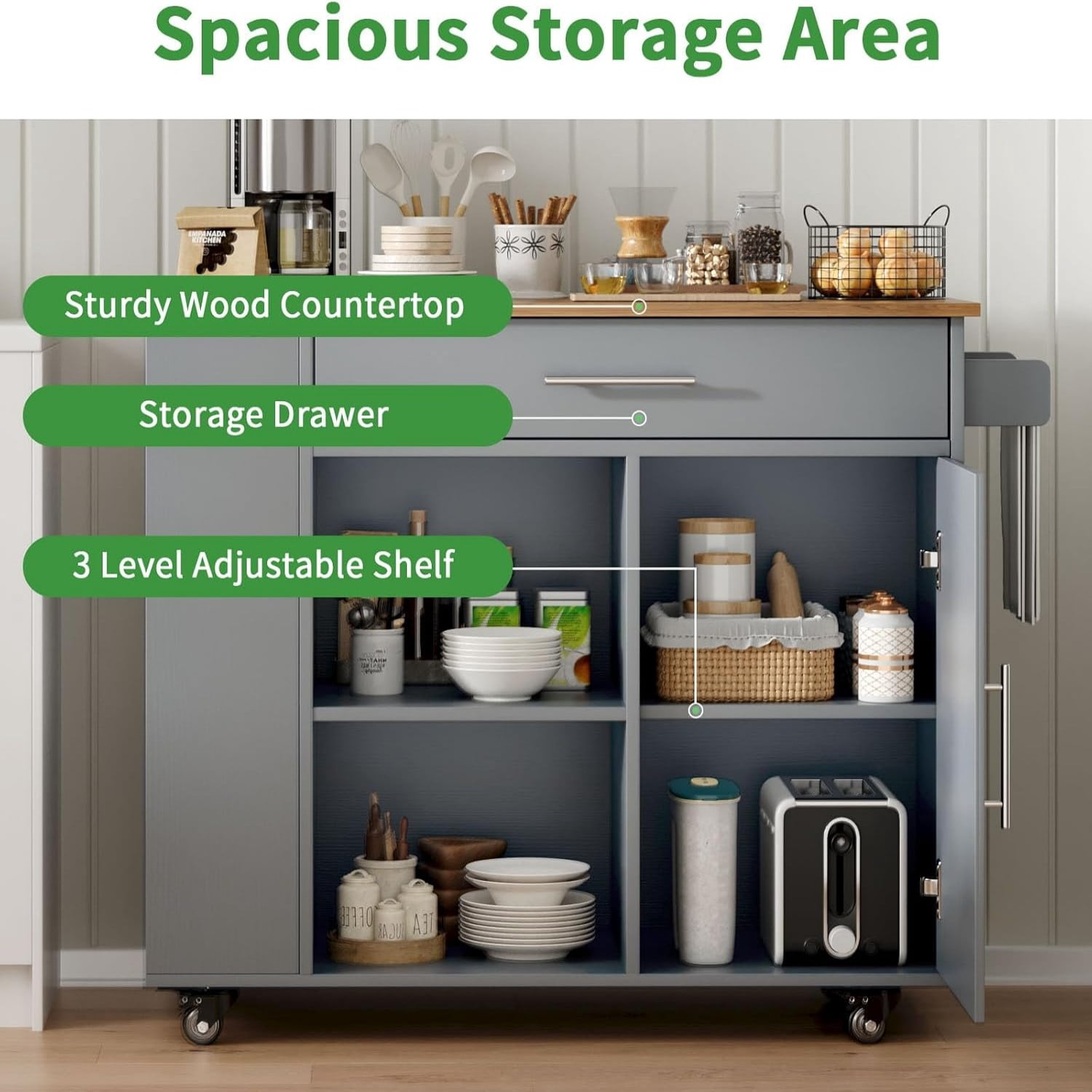 DreamCurship 39" Kitchen Island Cart with Storage, Kitchen Cart Island on Wheels, Rolling Kitchen Island with Spice Rack & Towel Rack, Island Table for Kitchen, Gray