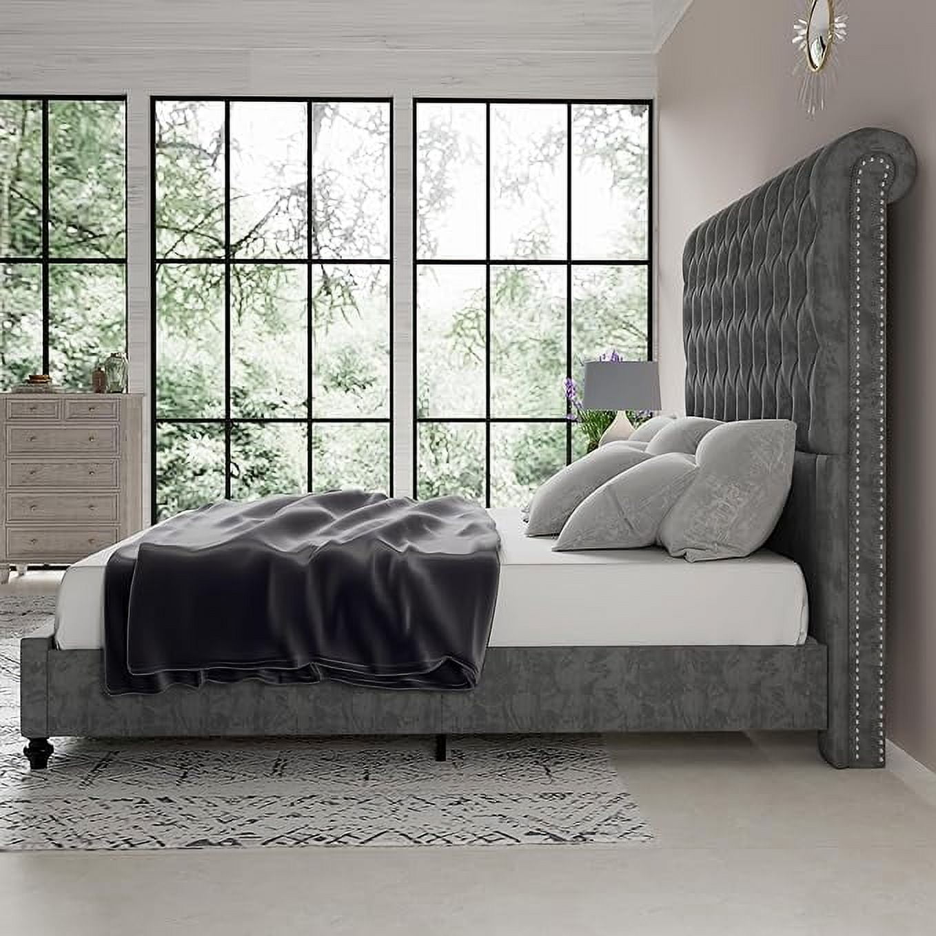 Merluxy King Bed Frame for Adult,60" Sleigh Headbord with Deep Button Tufting,Velvet Light Grey