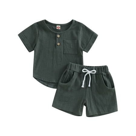 

Wallarenear 2Pcs Baby Boy Button Down Pocket T-shirt Tops Drawstring Elastic Shorts