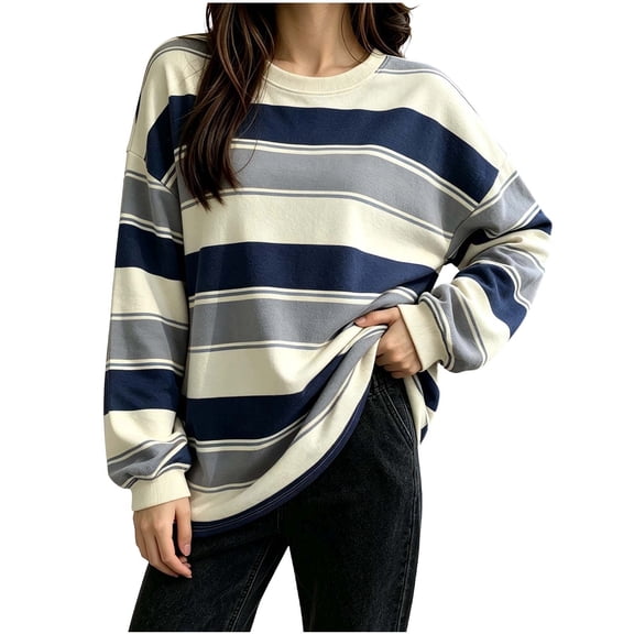 Yutgune Women's Striped Sweatshirt Crew Neck Long Sleeve Shirt Lightweight Loose Casual Top