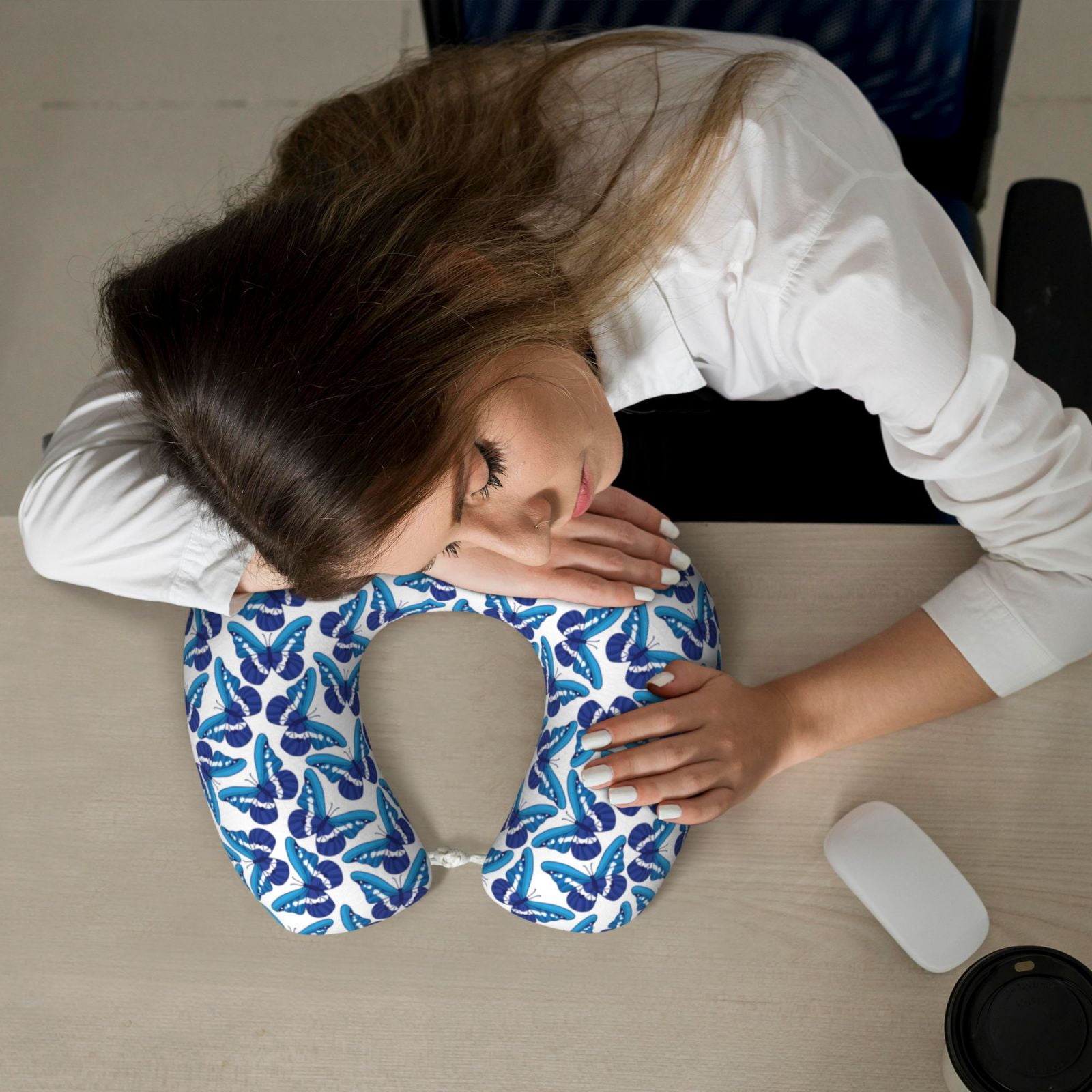 Xecao Blue Butterflies Print Memory Foam Cervical Neck Pillow Versatile U-Shaped Pillows for Home,Office,Camping,Travelling,Soft Washable Cover