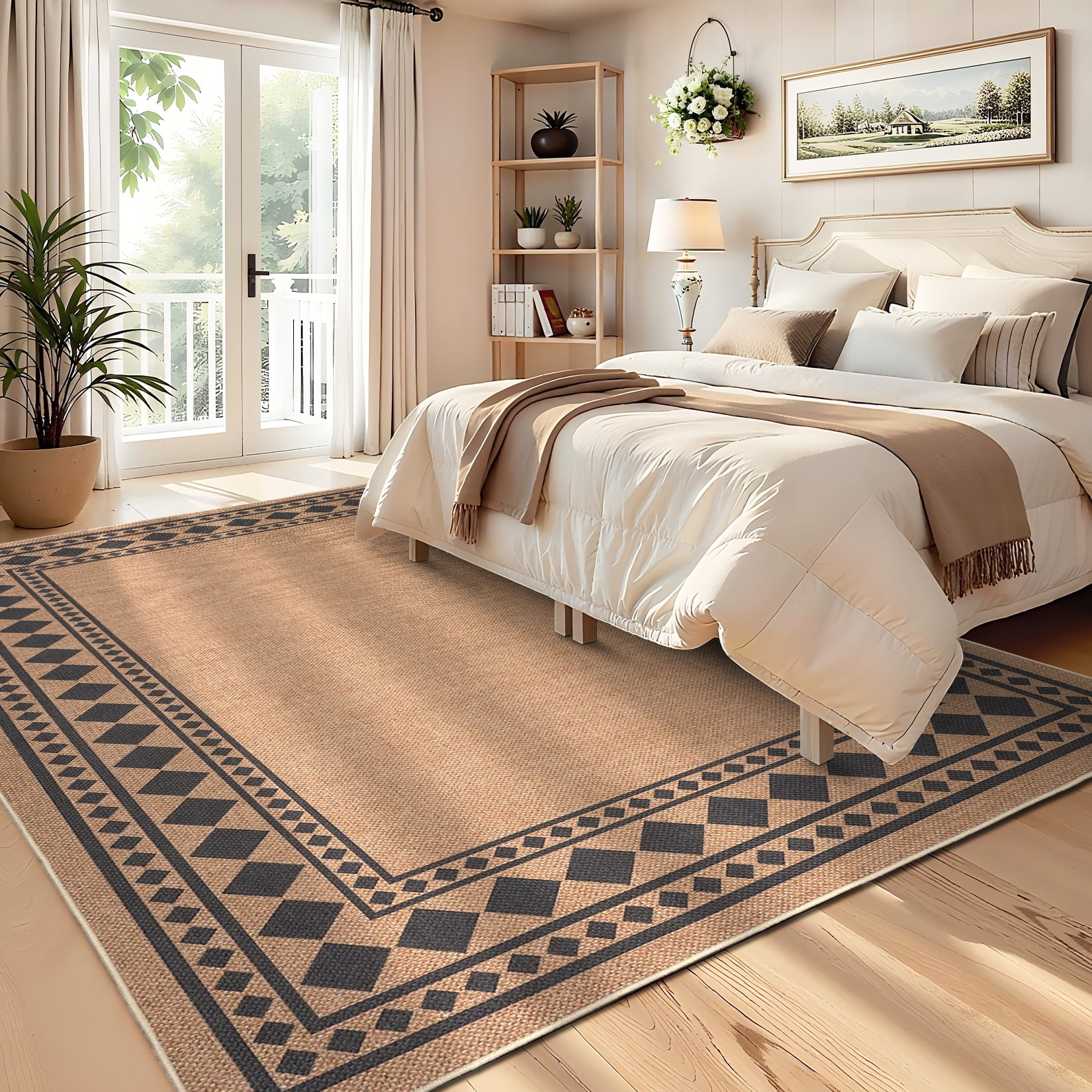 Garvee 5'x7' Modern Bordered Rug Solid Area Rug, Geometric Washable Rugs Stain Resistant Low Pile Rug Non Slip Indoor Outdoor Carpet for Living Room Bedroom Home Office, Coffee