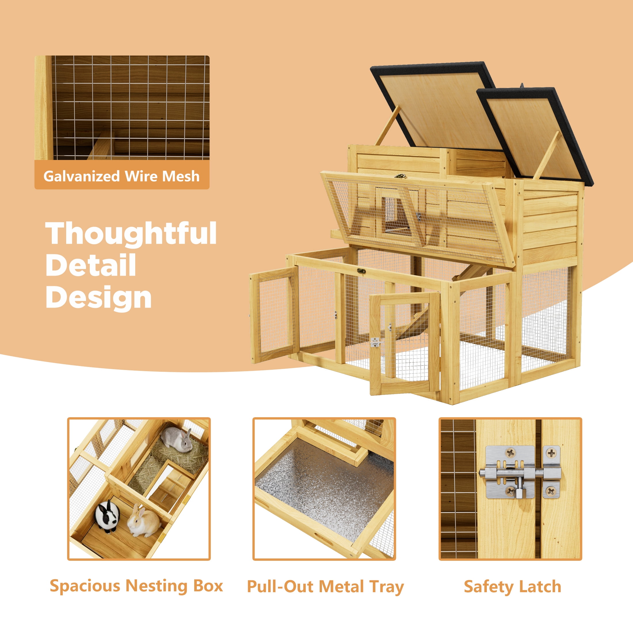 Outdoor 2 Story Wooden Rabbit Hutch with 2 Openable Asphalt Roofs, Indoor Guinea Pig Hideout with Wire Mesh and Tray,Yellow