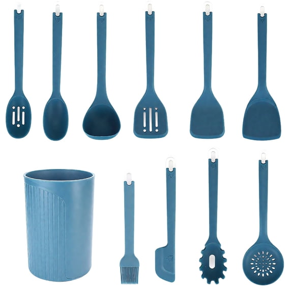 11-Piece Set Silicone Cooking Utensils, Blue Kitchen Utensil Set, Heat Resistant, Include Spatulas Spoons and Holder, Non-Stick Cookware, Long Handle