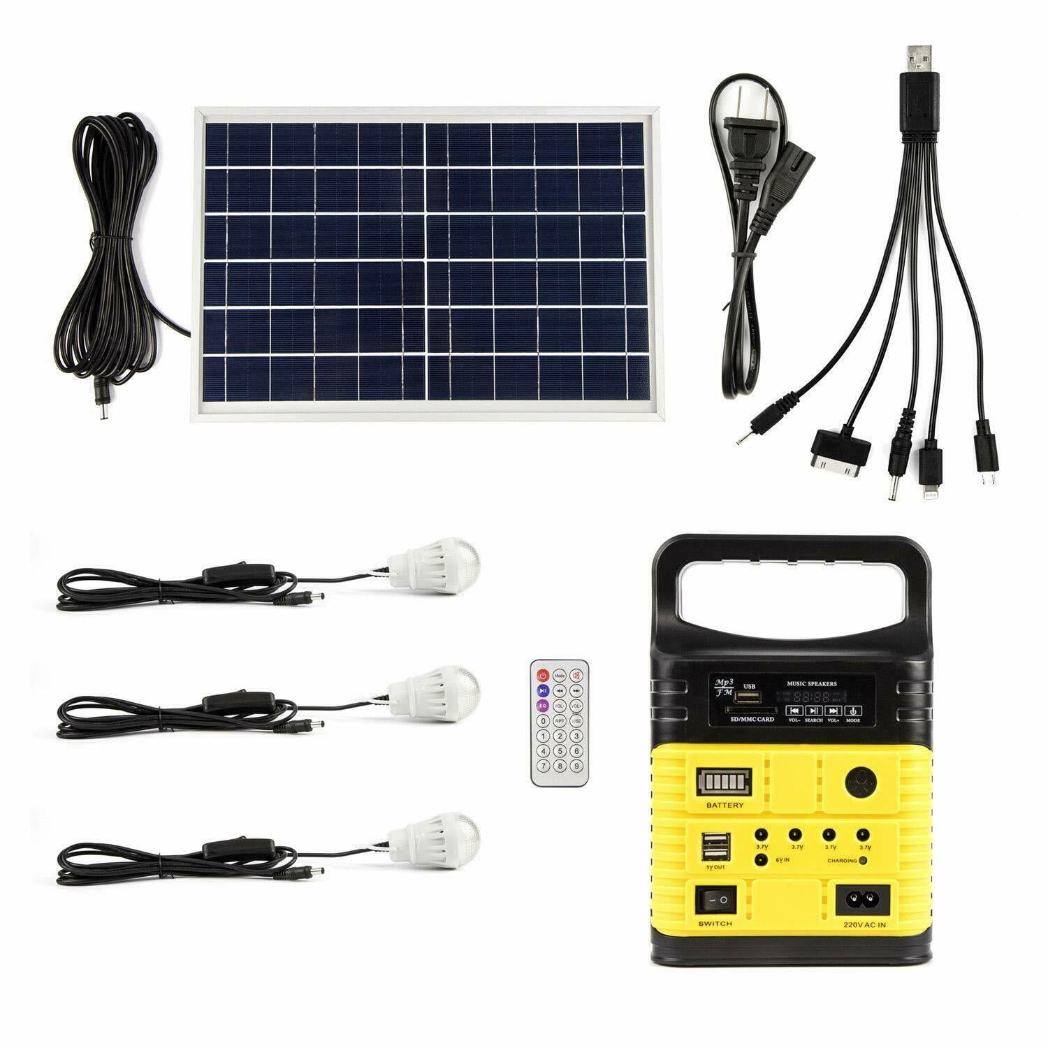 Solar Panels Lighting Kit 10W Portable Power Generator USB Cable 3 LED Lamps 