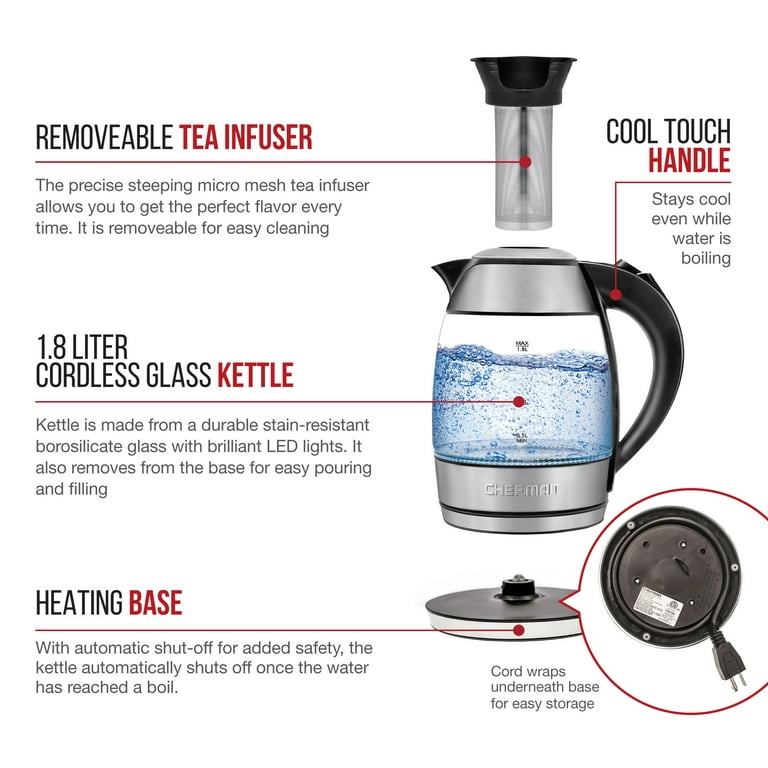 Chefman Rapid Boil Glass Kettle, 1.2 Liter, 1500 Watts for Fastest Boiling  Speed, Stainless Steel