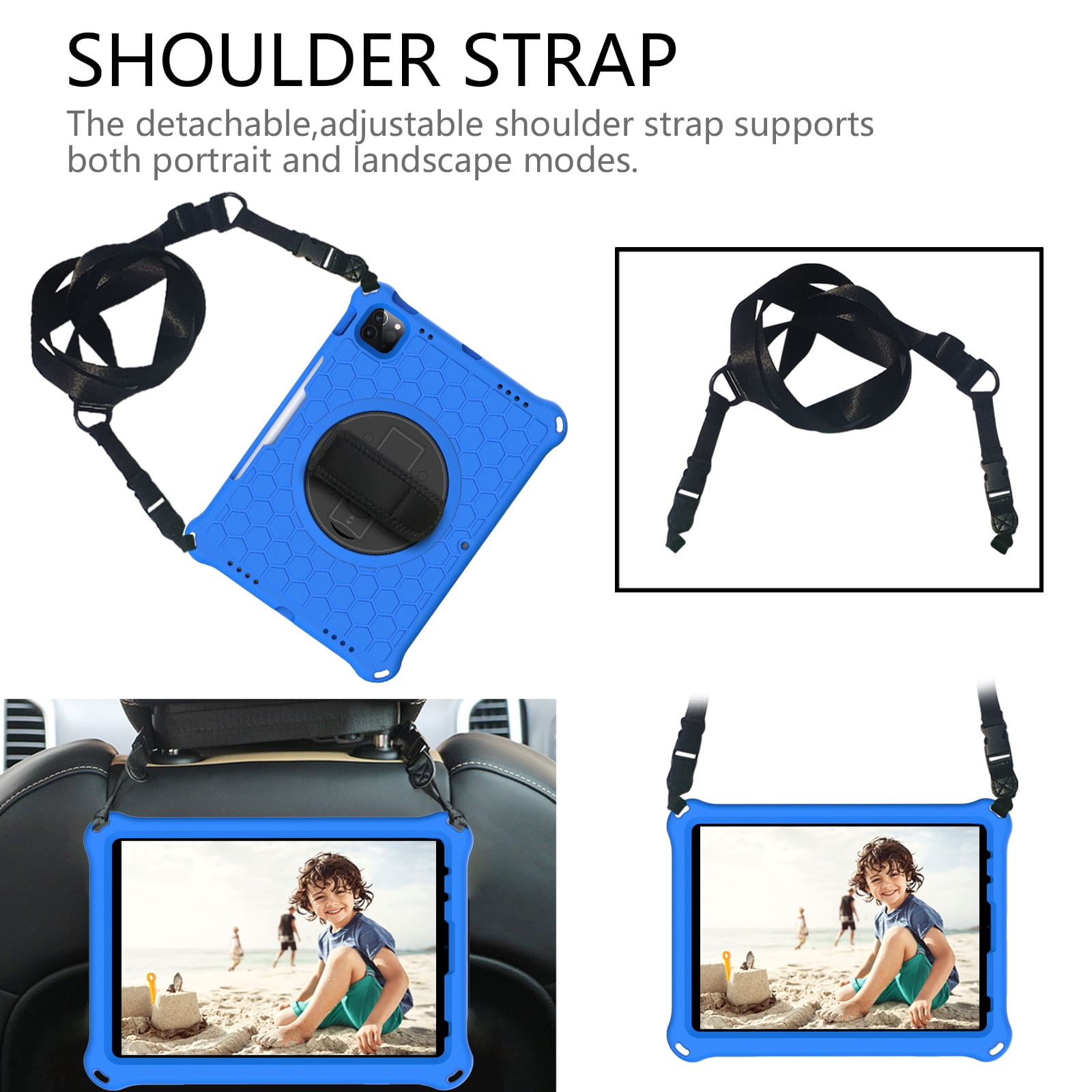 Mantto Shockproof Case for iPad 10th Generation 10.9" 2022 iPad Case with Shoulder Strap,Heavy Duty Rotating Kickstand Hand Strap Rugged Defender Protective Case w/Pencil Holder, Blue+Black