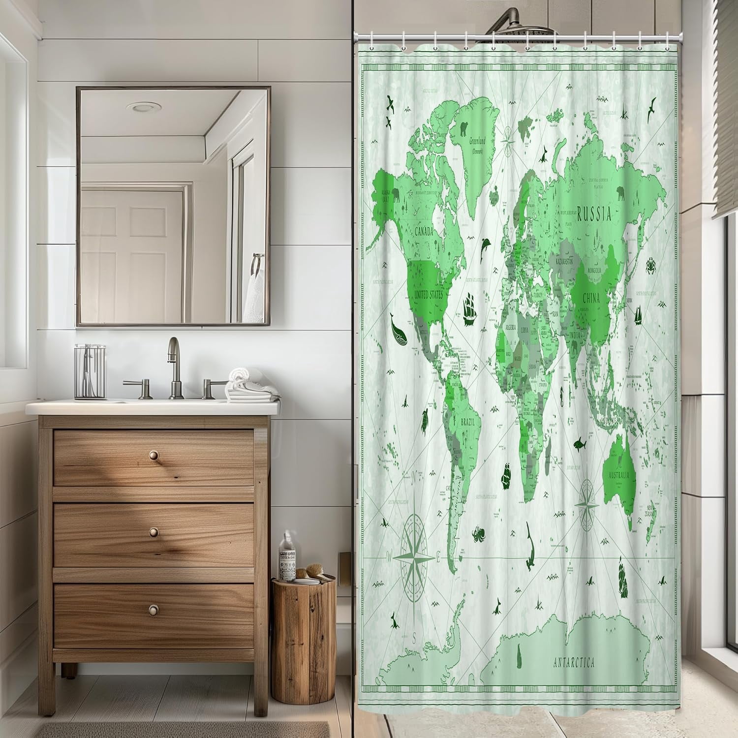 World Map Shower Curtain, Map of The World with National Educational Fabric Shower Curtains Set for Bathroom, Geography Educational Fabric Bathroom Shower Curtain with Hooks, 60X70IN（Green）