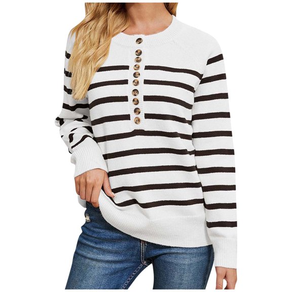 Women's Fall Winter Knit Sweater Stripe Long Sleeve Button Up Sweaters Casual Comfy Pullover Jumper Tops Ladies Clothes
