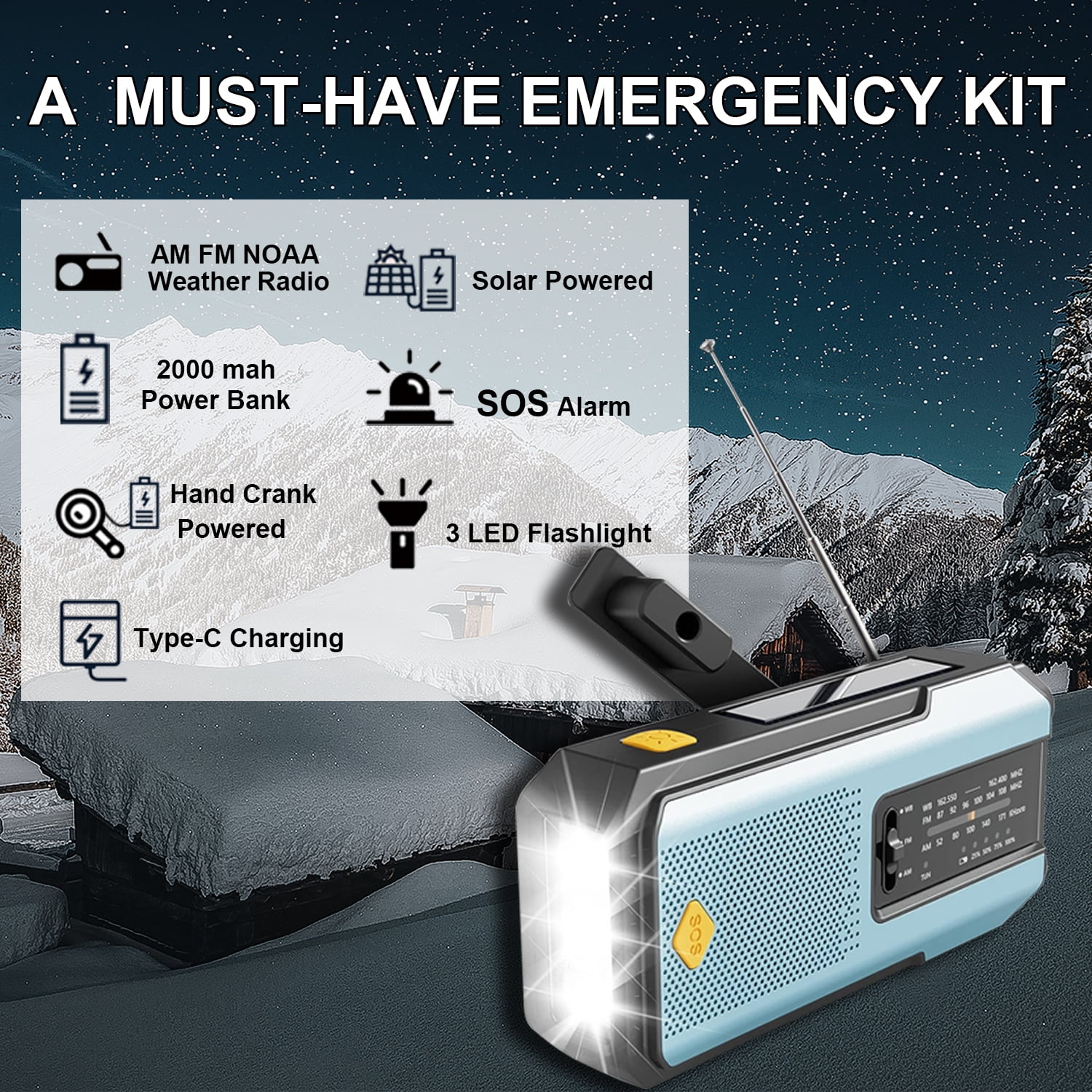 Daykit Portable Emergency Weather Radio, Hand Crank Radio Solar Powered with Battery Backup,AM/FM/NOAA, SOS Alarm,2000mAh Power Bank,LED Flashlight,USB Type-C for Outdoor Emergency