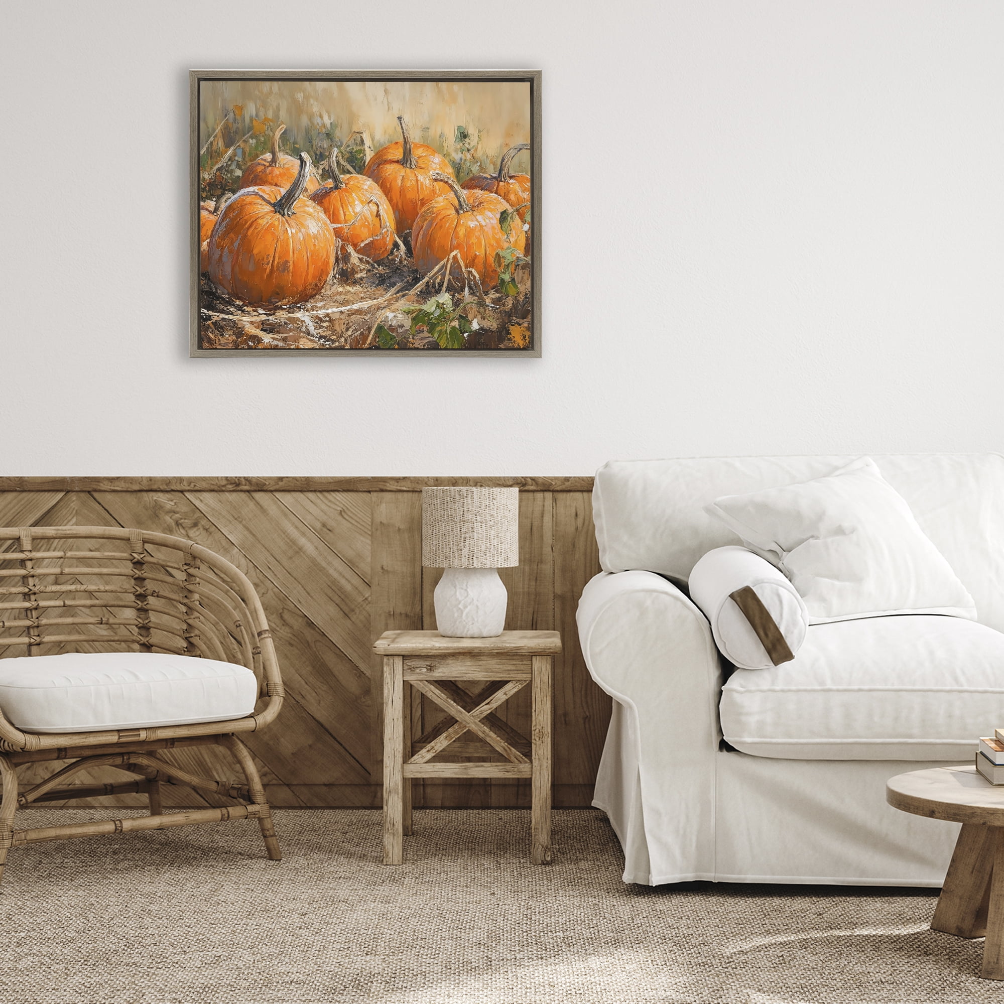 Stupell Industries Pumpkin Patch Autumn Harvest Scene Brown Framed Floater Canvas Wall Art, design by Nini Art