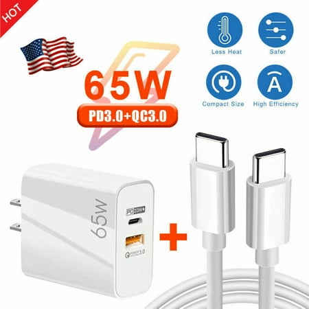 65W USB C Wall Charger for Samsung Galaxy A12, 2 Ports Fast Charging with 6 Feet Type C Cable GaN Tech Wall Charger - White