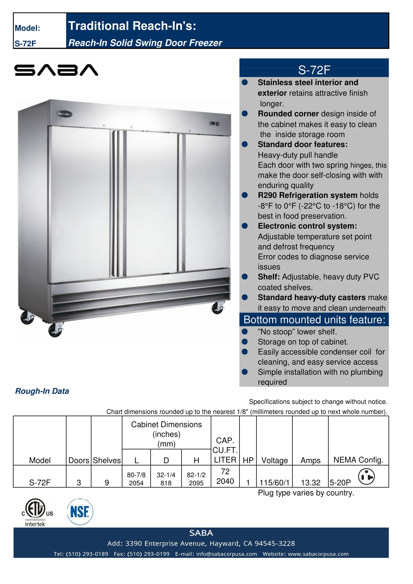 Heavy Duty Commercial 72 cu ft Solid Stainless Steel Reach-In Freezer (3 Door)
