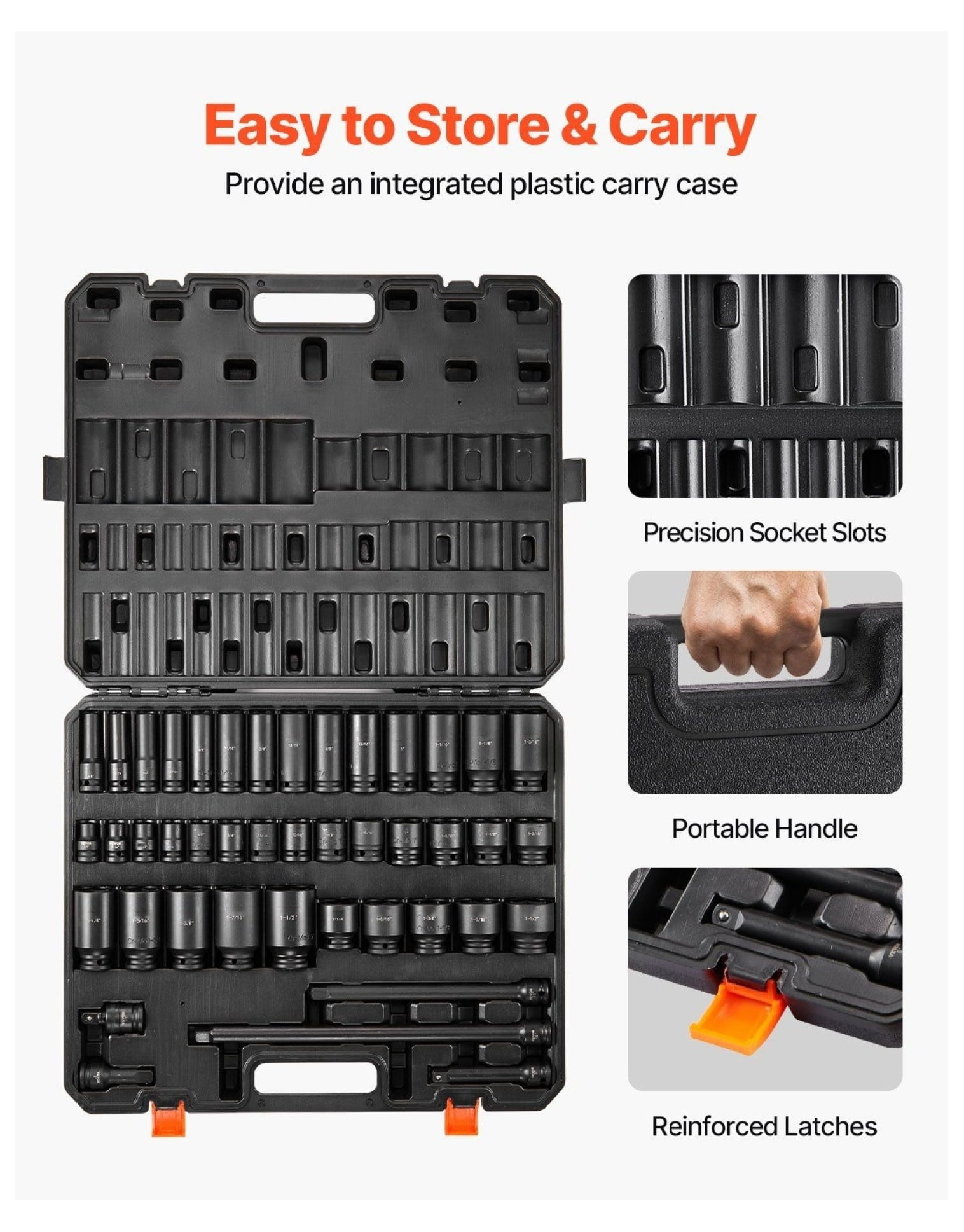 Impact Socket Set 43pcs 1/2 Drive - 6-Point Bit Ratchet Tool Kit with Case - Automotive Repair, Mechanic, Industrial - Cr-Mo Steel