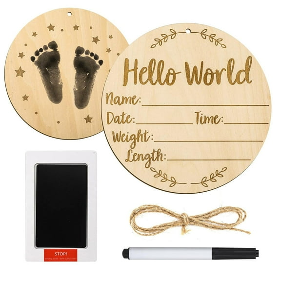 Baby Announcement Sign, 5.9 Inch Round Baby Nursery Name Signs with Ink Pad for Baby Hand and Footprints Wooden Hello World Newborn Sign for Photo Prop