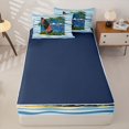 thumbnail image 4 of Castle Fairy Cartoon Tropical Surf Board Zipper Queen Comforter Set with Fitted Sheet and 2 Pillowcases,Palm Boat Wave Striped Background Zipper Bedding Set,Blue Sand,Navy Blue Reversible,4 Pieces, 4 of 6