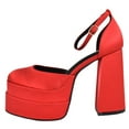 thumbnail image 2 of Forever Shoes Women Extra High Block Heels Platform Round Closed Toe Exotic Dancer Pumps Ankle Strap TWICE-13 Hot Red Satin 5, 2 of 3