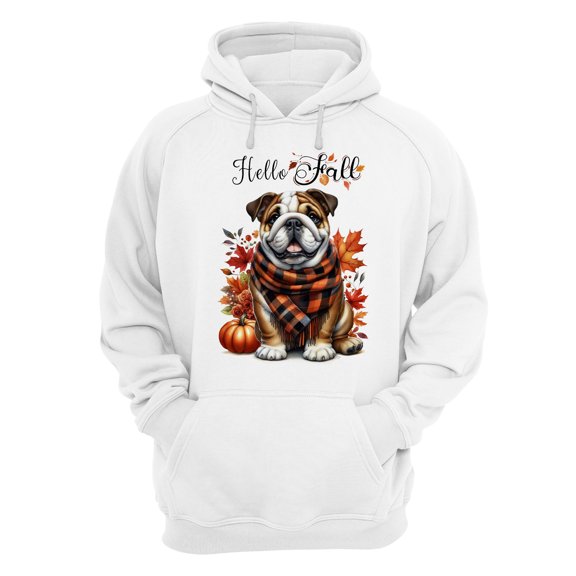 Hello Fall Bulldog Scarf Welcome Autumn with Leaves Pumpkins Hoodie Unisex Merch Hoodies Dog Lover Gifts Idea - 00011