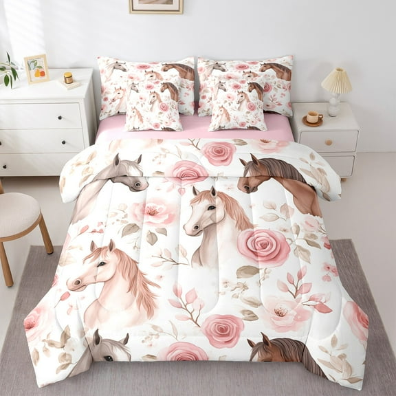 Manfei Western Cowgirl 7-Piece Twin Bedding Sets,Rustic Flower Floral Bedding Comforter Set,Country Farmhouse Horse Sheet Sets For Kids Girls,Microfiber Bedroom Decor Reversible
