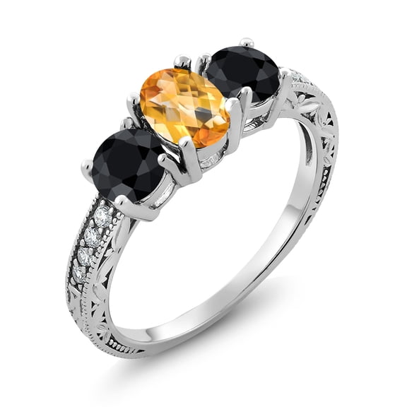 Gem Stone King 2.23 Ct Oval Checkerboard Yellow Citrine Black Sapphire 925 Sterling Silver Moissanite Ring (Size 6)